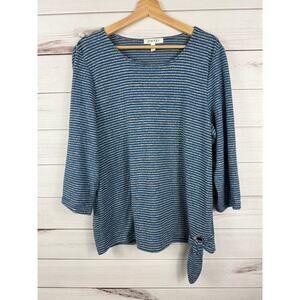 Women's ONYX Moda Blue Gray Striped Quarter Sleeve‎ Tie Knot Blouse Size XL